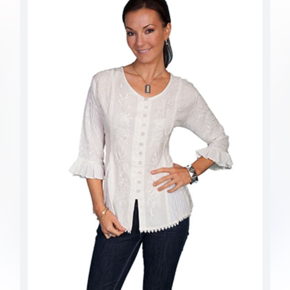 Scully Honey Creek multi-fabric 3/4 sleeve Women's cream Lace Top Sz Small